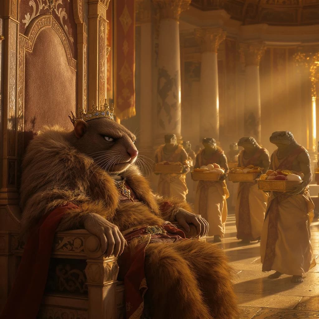 Big Weasel, the tyrannical ruler of the Levitus, slouches on his throne, his mood foul but somewhat brightened by the sight of gifts - a wearisome group of lizard traders adorned in fine silks proceed toward him through the hall with their annual tribute of biscuits, ham and gold - Big Weasel's favourites. Big Weasel's entourage looks on with stern approval.