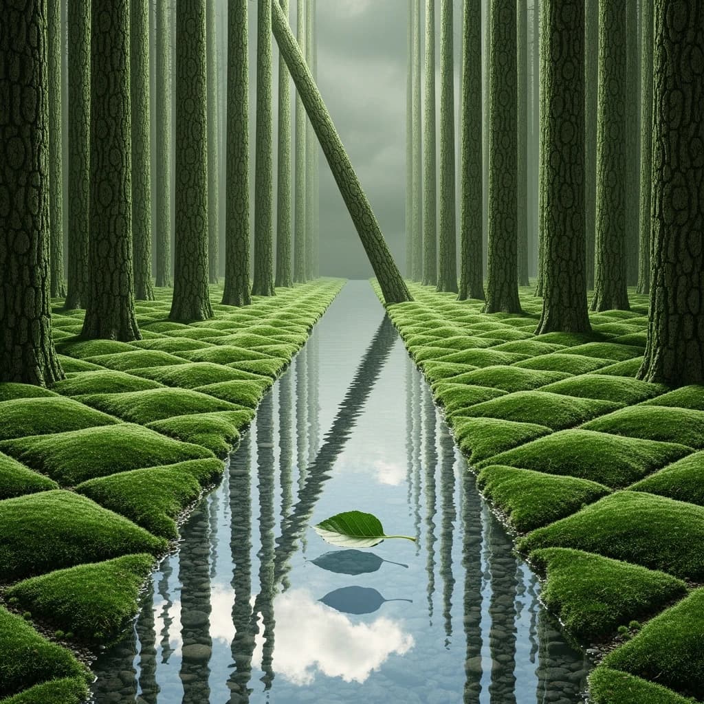 The forest is saturated green, trees identical in height and width, trunks straight, bark texture repeating. One trunk leans diagonally yet the branches remain vertical. The moss is emerald, glistening, though each patch forms identical diamond shapes. A stream runs straight, perfectly linear, water clear, reflecting clouds not visible in the sky. No animals, no insects, but one leaf floats on the water, doubled, showing two overlapping shadows.