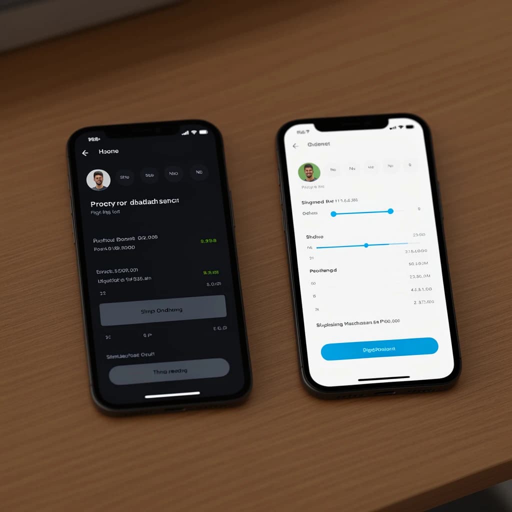 Sleek mobile fitness app screens on a desk: dark mode home, progress dashboard, simple onboarding, clear 8 pt grid, slightly oversized buttons for thumb reach, muted colors.