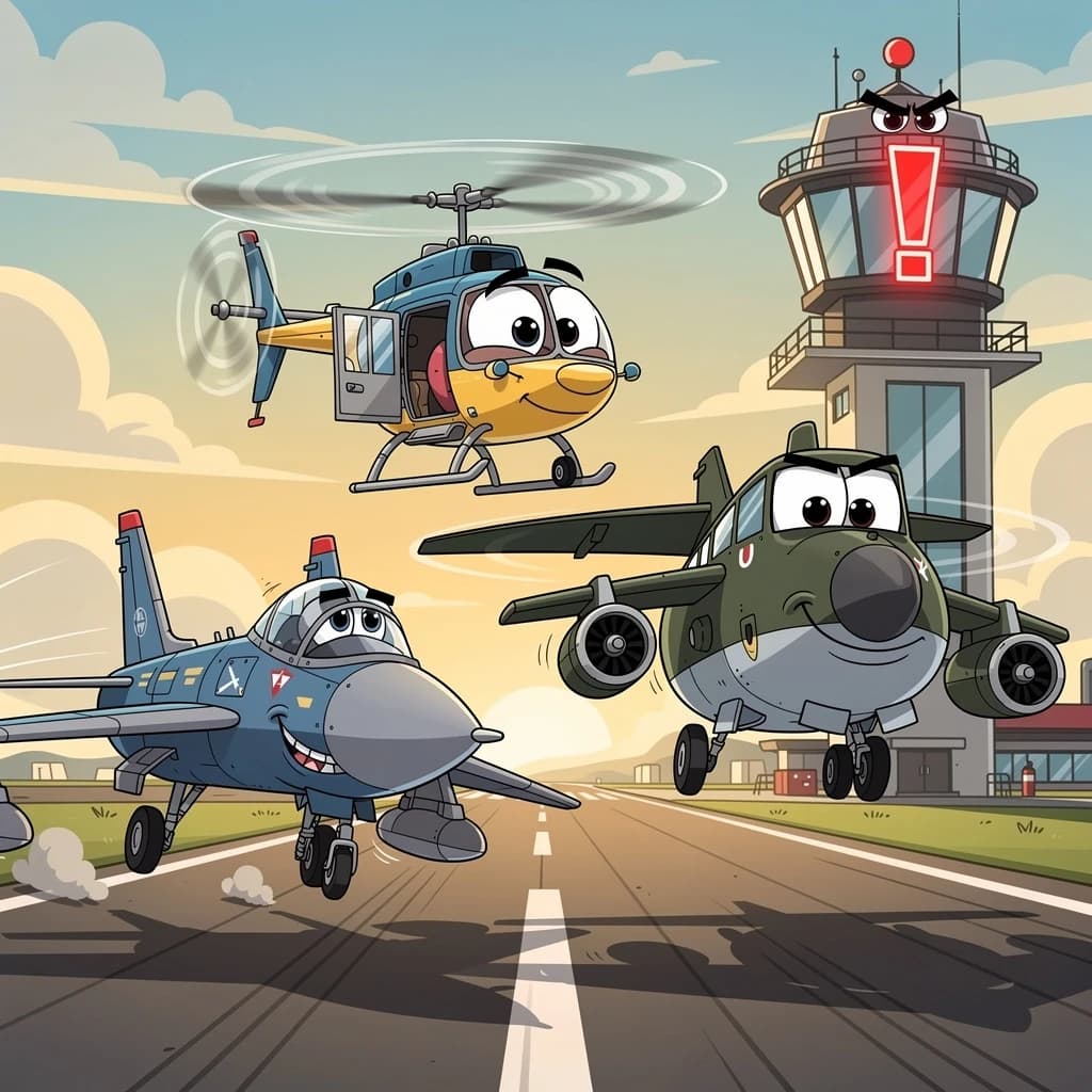 Almost at the runway, Fred the Fighter Jet is racing with Barry the Bomber to see who lands first. Fred has a mischievous trick up his sleeve but Hermione the Helicopter is going to stop him before he gets the chance. The control tower is very angry and has a big exclamation mark. Hand drawn cel look
