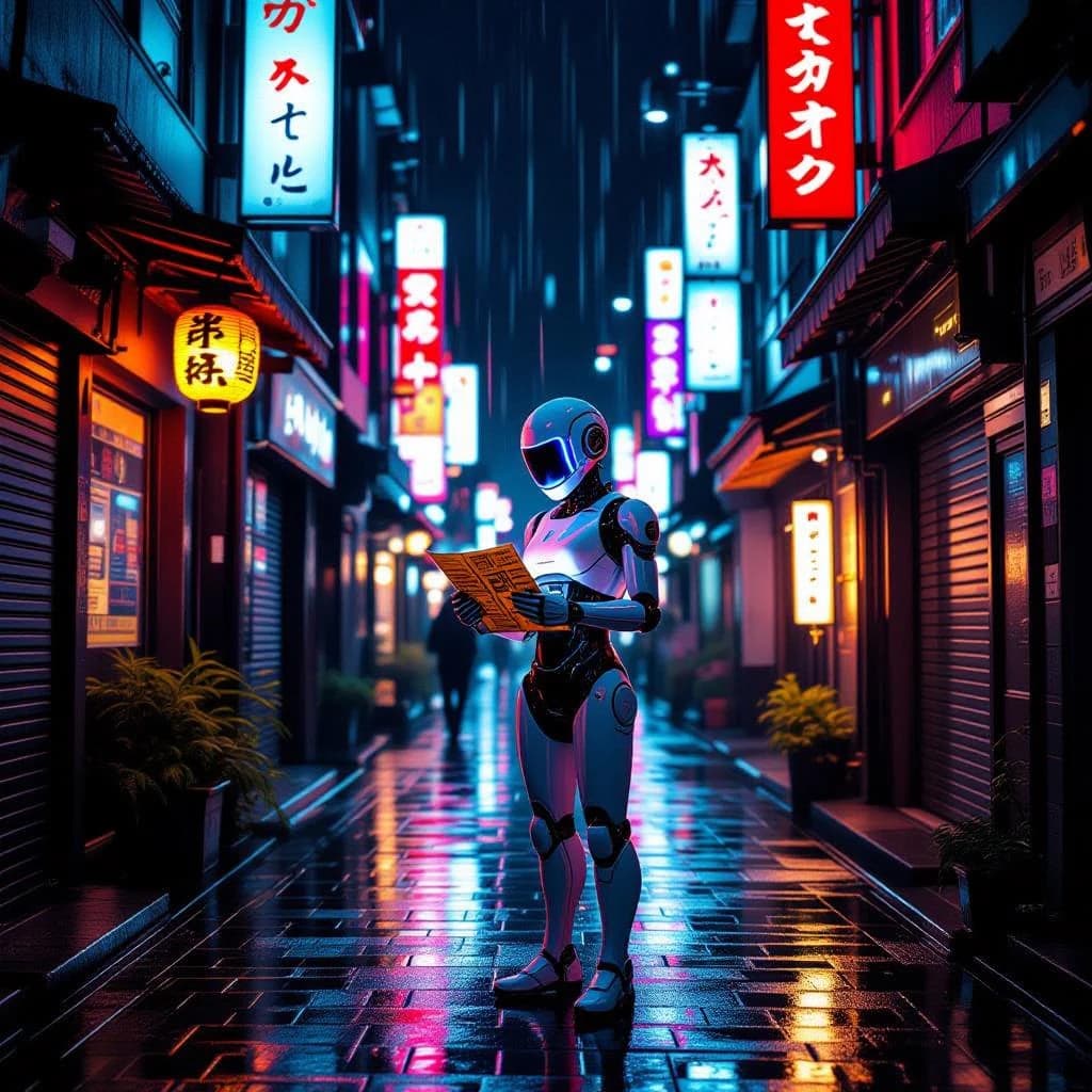 Neon-lit Tokyo alley, rain-slick cobblestones, a chrome android checks a map.