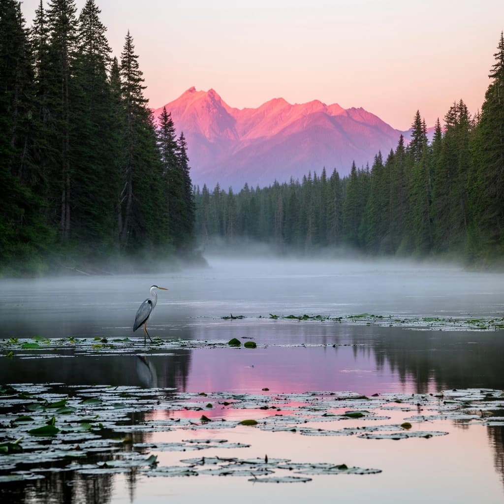 With pre-dawn mist along a cedar forest river and glassy water dotted with lily pads, distant mountains blush pink, and a heron stands still like it forgot what to do next.