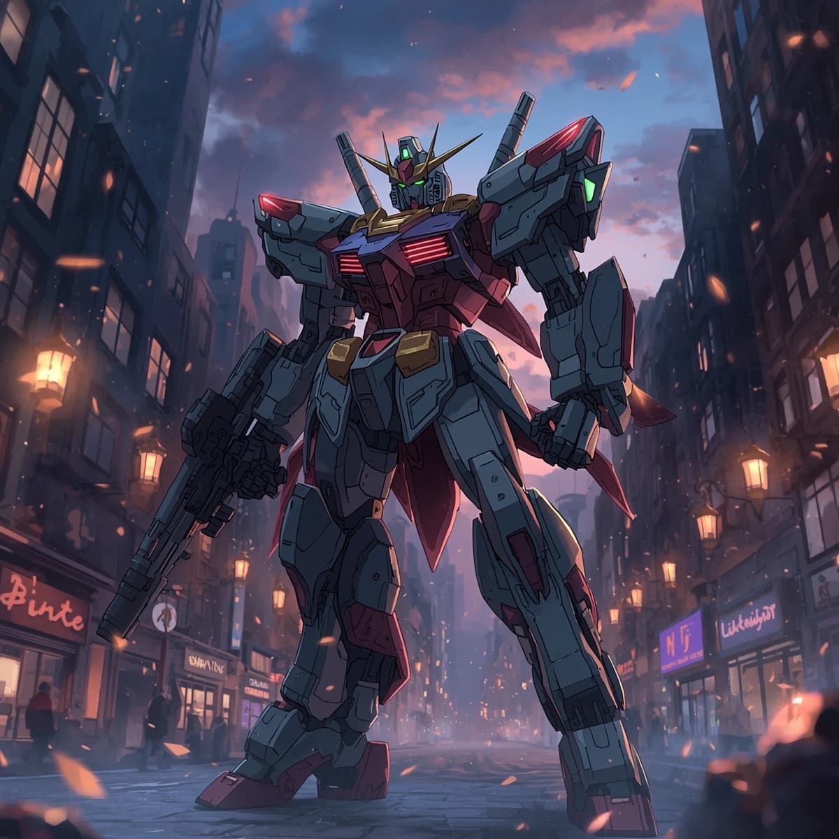 Make a cel-shaded mecha duel at dusk downtown.