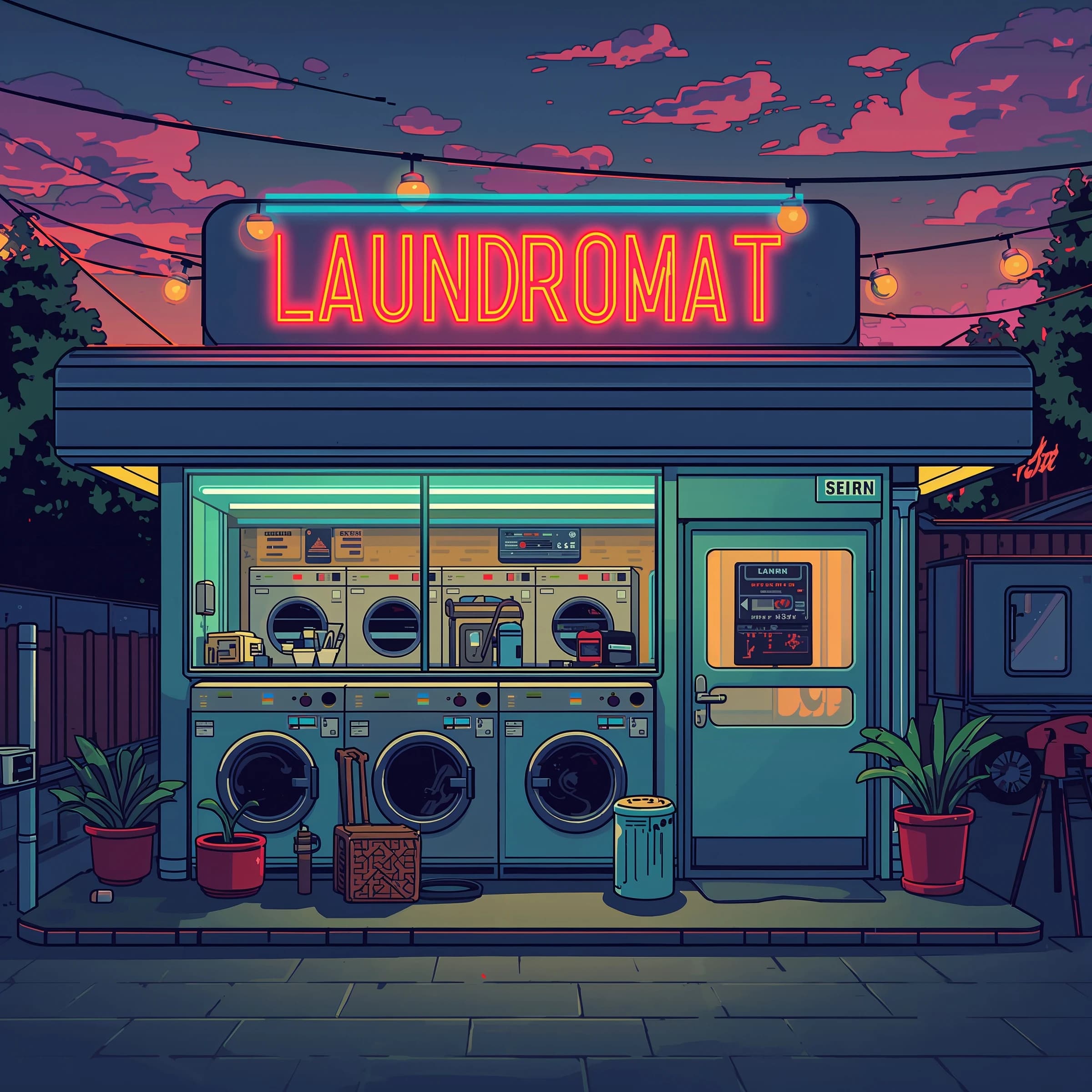 A cozy laundromat at dusk, neon humming, flat colors, bold inked lines.