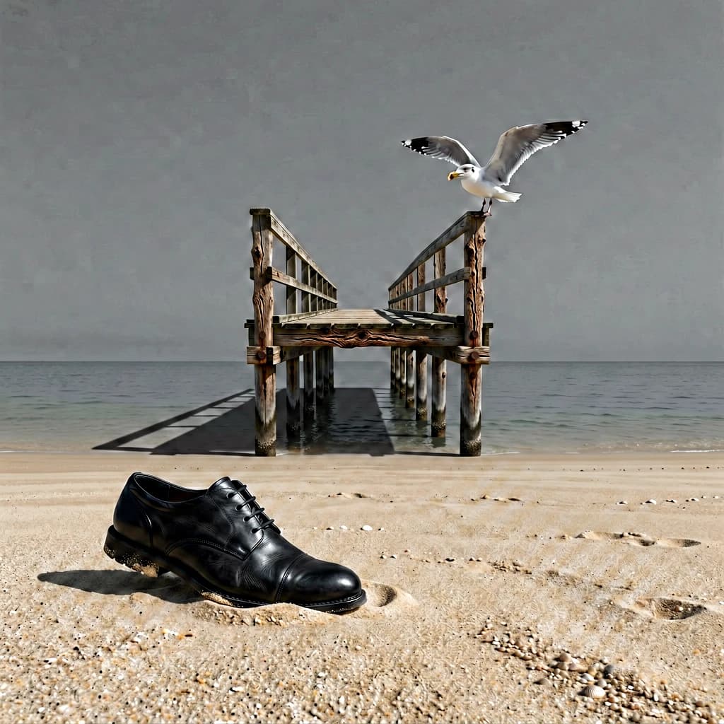The beach is flat, sand beige, granular, no shells, except for a single left shoe, black leather, size eleven, half buried at an angle. The pier extends straight into the water, wood untreated, grain visible, though the support posts vanish before they touch the surface. The sky is uniformly gray, no clouds, yet shadows stretch at sharp diagonals. A single gull sits on the railing, wings outstretched, frozen mid-flap, no movement.