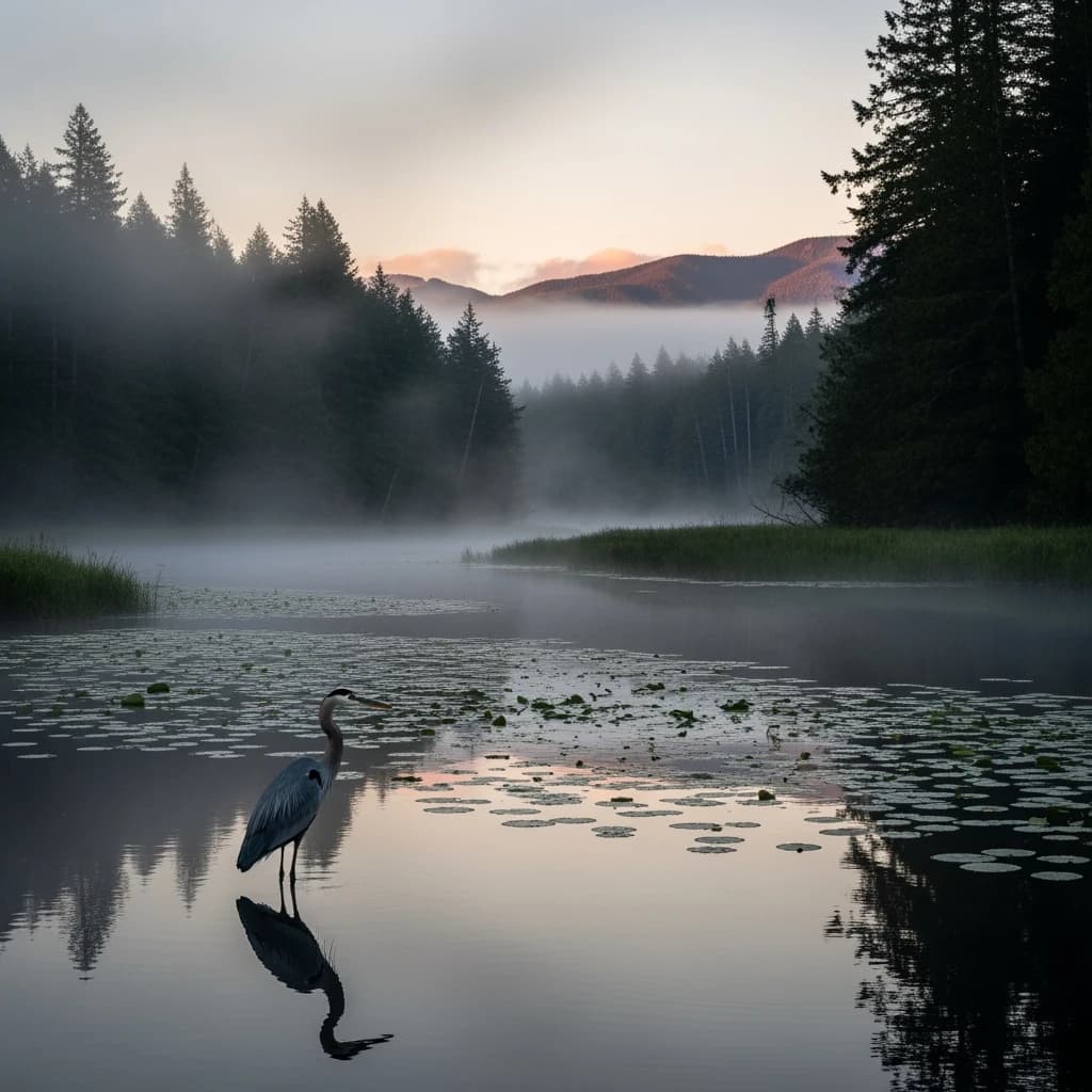With pre-dawn mist along a cedar forest river and glassy water dotted with lily pads, distant mountains blush pink, and a heron stands still like it forgot what to do next.