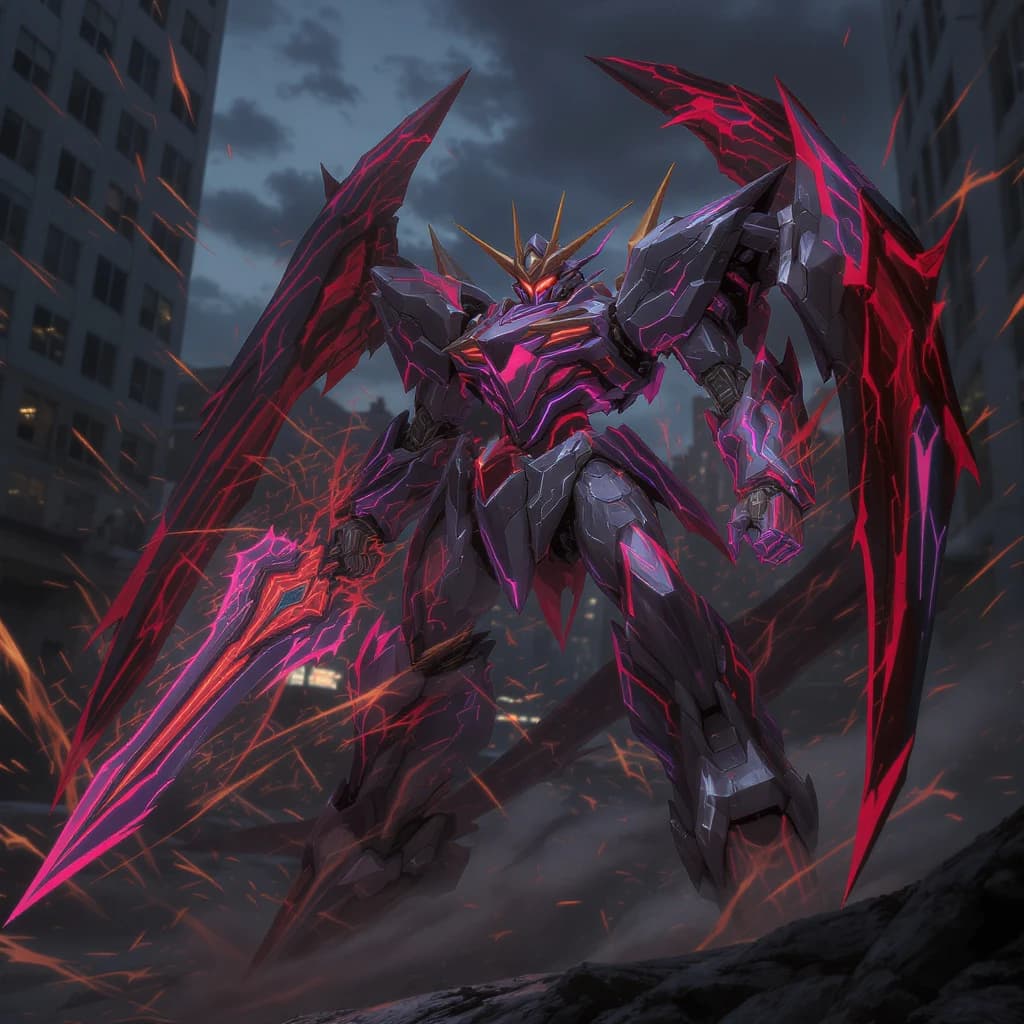 Make a cel-shaded mecha duel at dusk downtown.