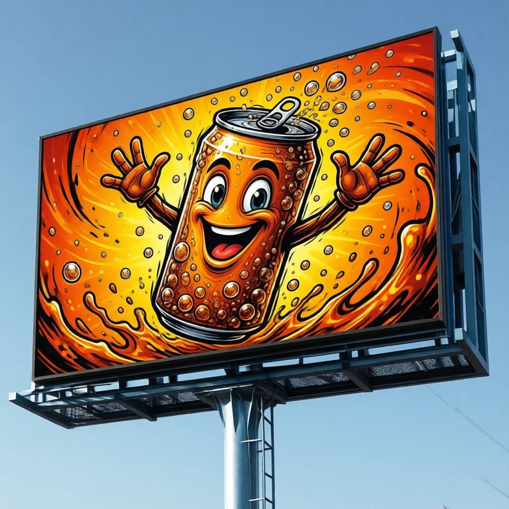 Design a bright soda billboard ad with a bubbly can mascot, thick inky lines.