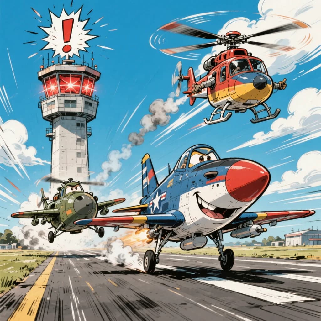 Almost at the runway, Fred the Fighter Jet is racing with Barry the Bomber to see who lands first. Fred has a mischievous trick up his sleeve but Hermione the Helicopter is going to stop him before he gets the chance. The control tower is very angry and has a big exclamation mark. Hand drawn cel look