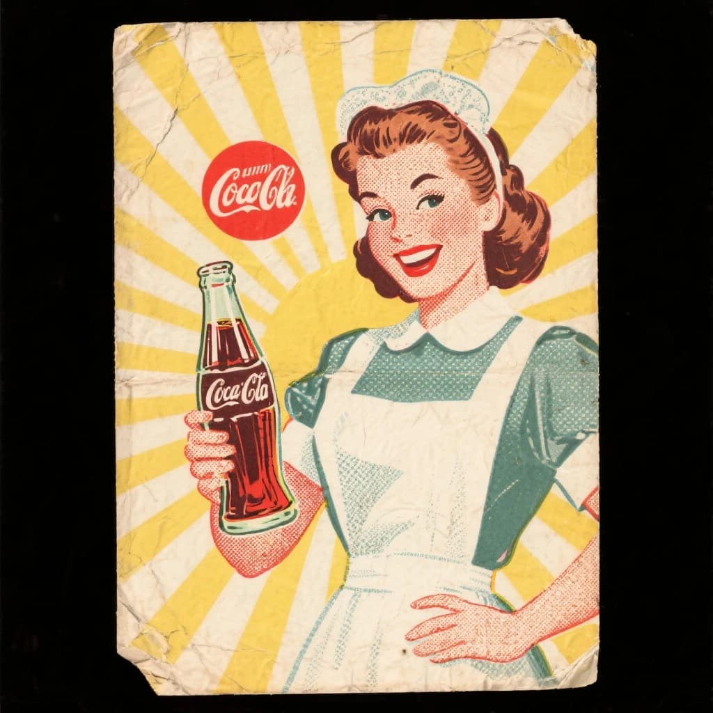 Mid-century soda ad, smiling waitress, halftone sunburst, a bit of faded paper.