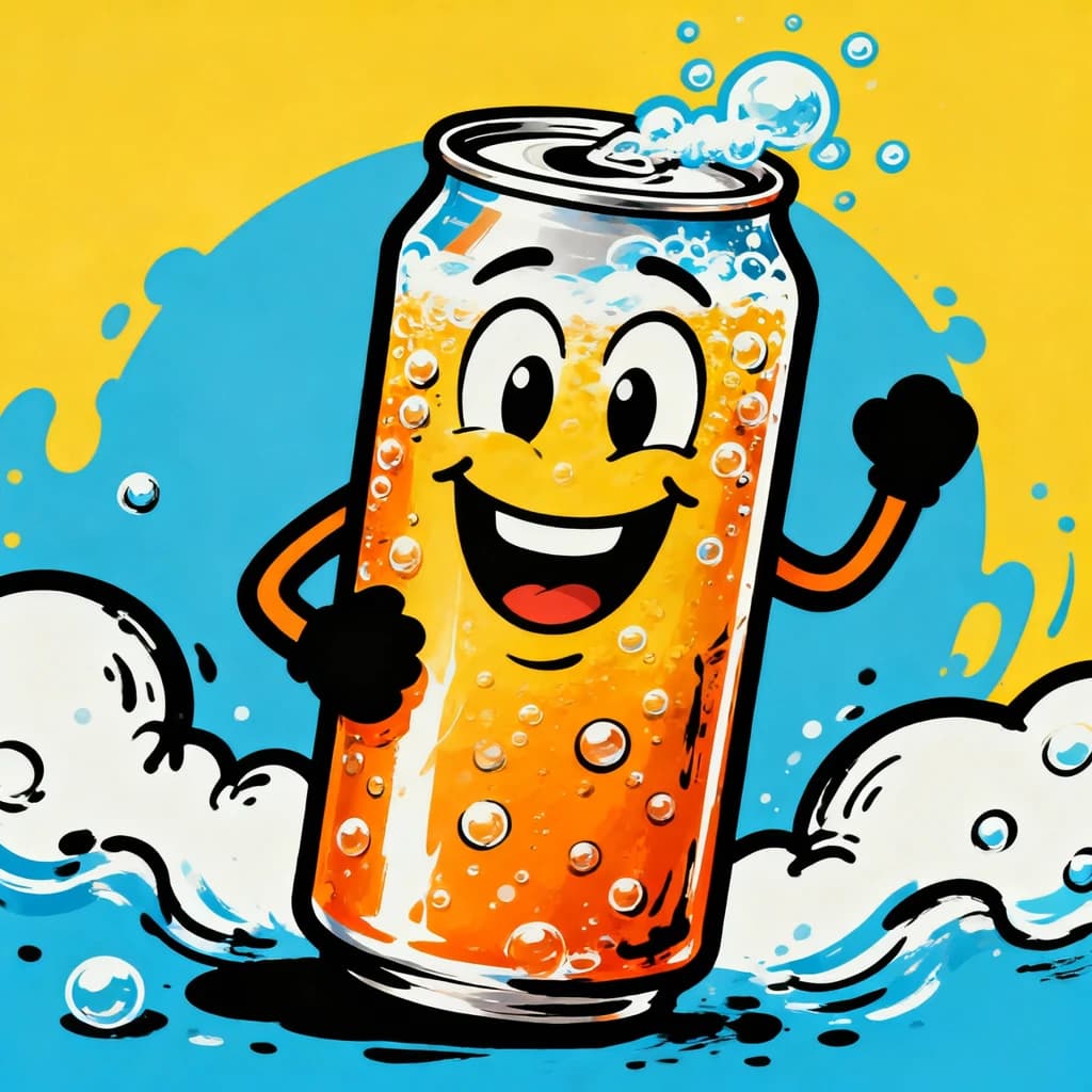 Design a bright soda billboard ad with a bubbly can mascot, thick inky lines.