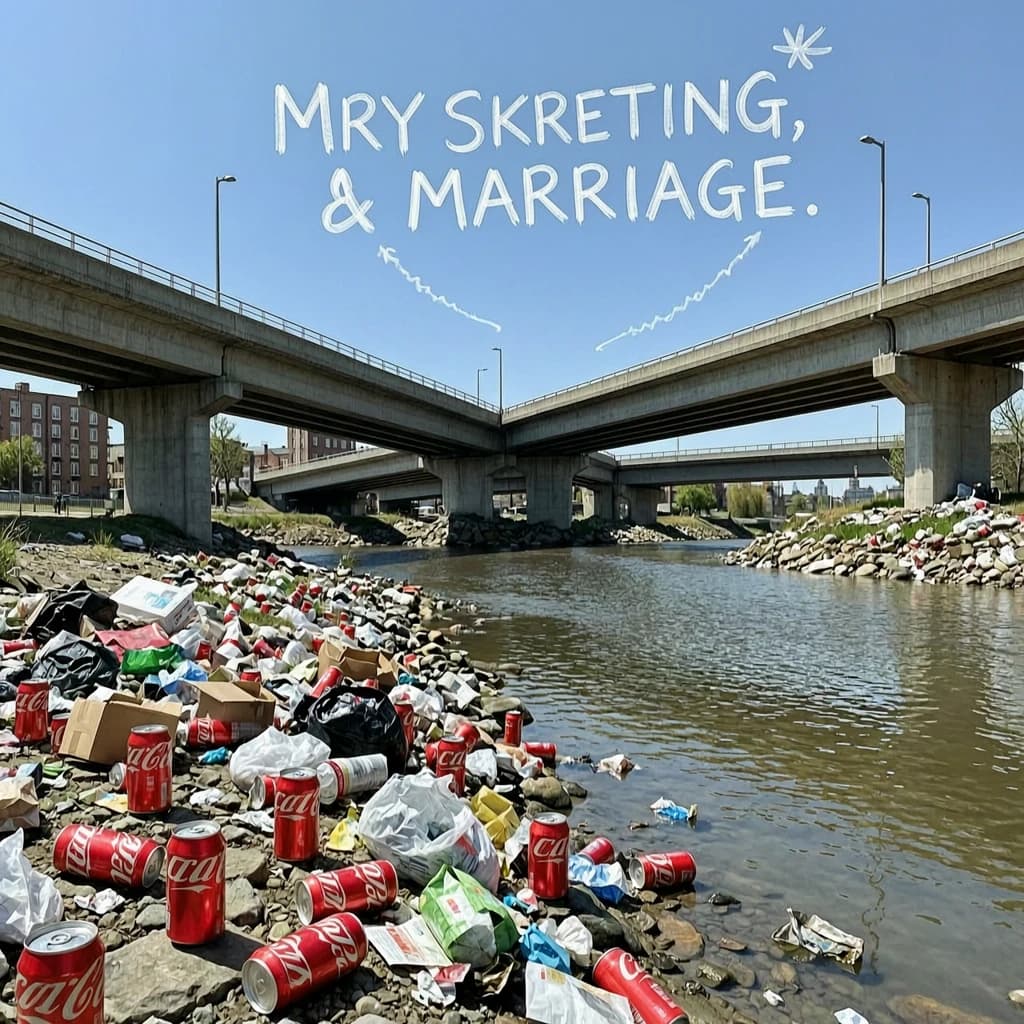 Red soda cans and other garbage sit strewn across the bank of an urban river only a few metres wide. Concrete overpasses criss cross overhead on a bright and sunny day. Fading skywriting proposes marriage