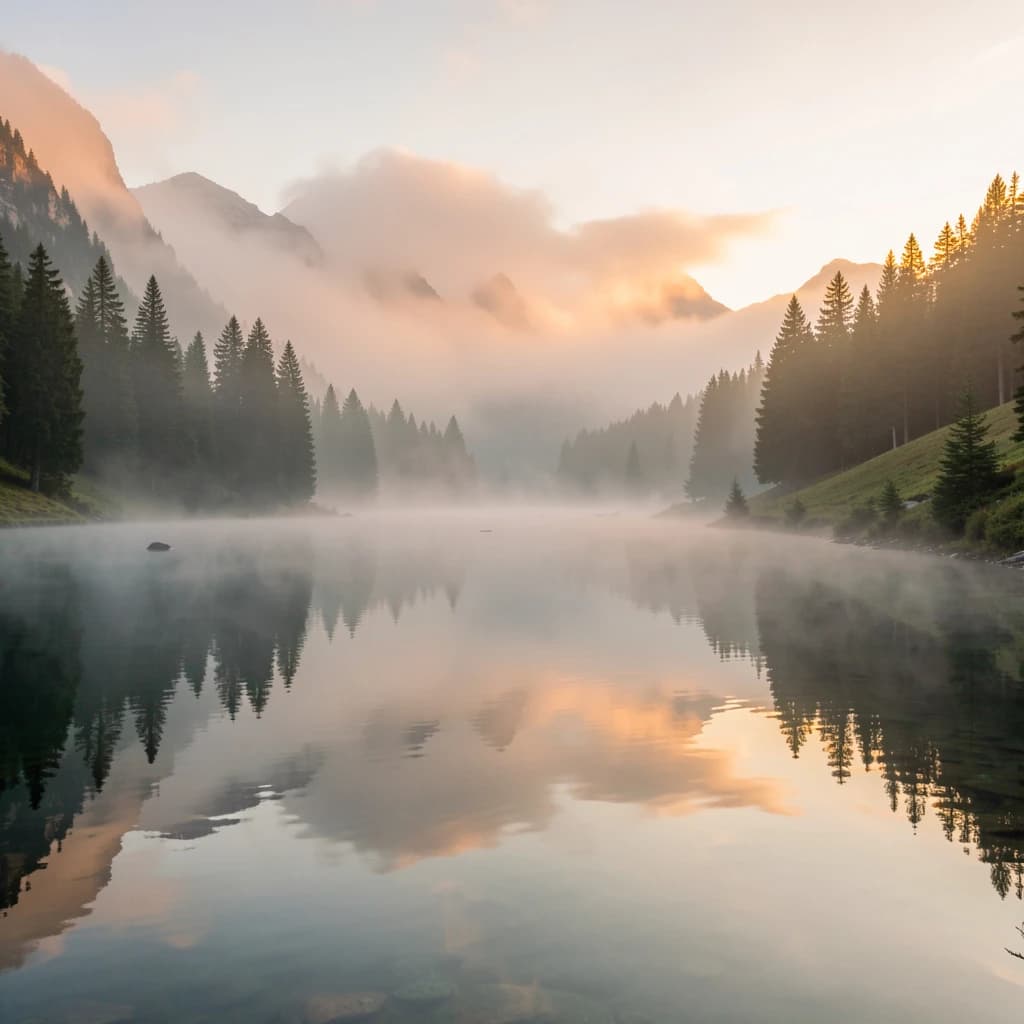 I want a photo of a misty alpine lake at dawn, pines, glassy water, warm light.