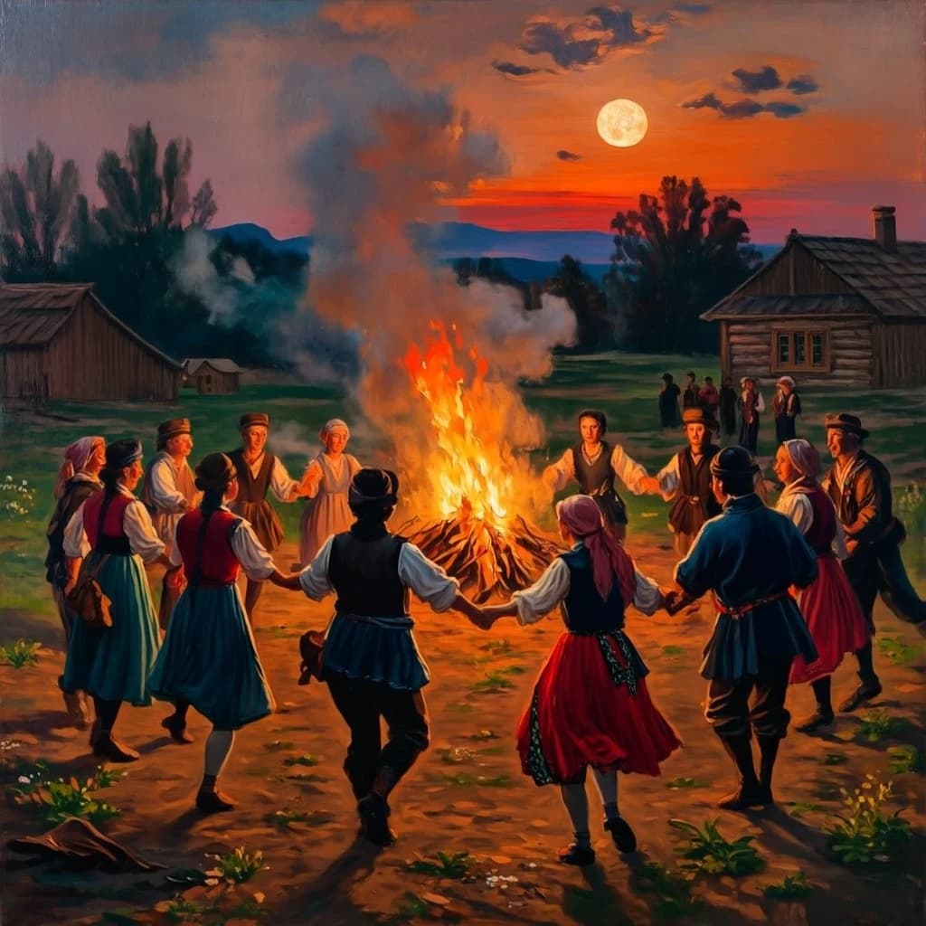 Make an oil painting of villagers dancing by a bonfire at dusk, a bit smoky.
