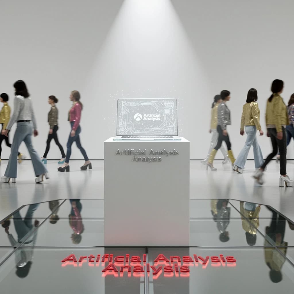 In a spotless gallery space, a pedestal supports a transparent laptop whose screen flickers between static and pristine brand imagery. Shoppers blur past in designer clothes that appear slightly outdated - bell bottoms, metallic jackets. The embossed logo “Artificial Analysis” glints silver, yet its reflection in the glass floor reads in crimson letters. A single spotlight shines, though shadows fall in two directions.