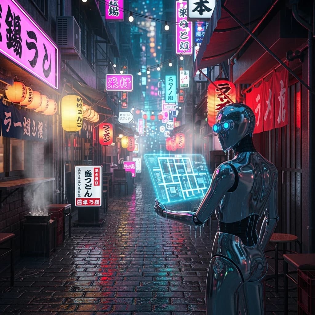 Neon-lit Tokyo alley, rain-slick cobblestones, a chrome android checks a map.