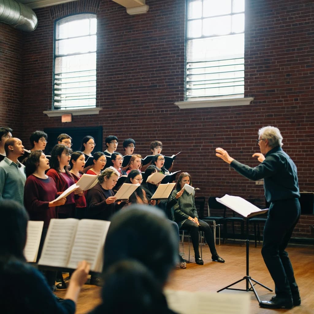 A choir rehearses in a brick hall as somewhat dramatic morning light falls through high windows, with a patient conductor mid-gesture, open scores, intent faces, slight motion blur.