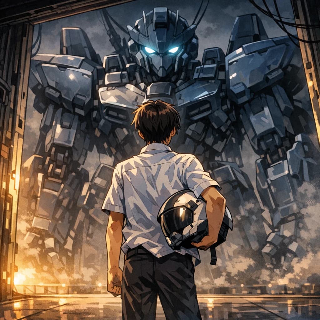 A teenage pilot grips his helmet under one arm, standing at the edge of a glowing hangar bay. Before him looms a sleek, steel-blue mech, its eyes lit with a cold electric glare. His school uniform is rumpled, a sharp contrast to the machine’s flawless plating. The vast scale engulfs him in shadow, emphasizing both awe and dread. Hand-drawn anime style.