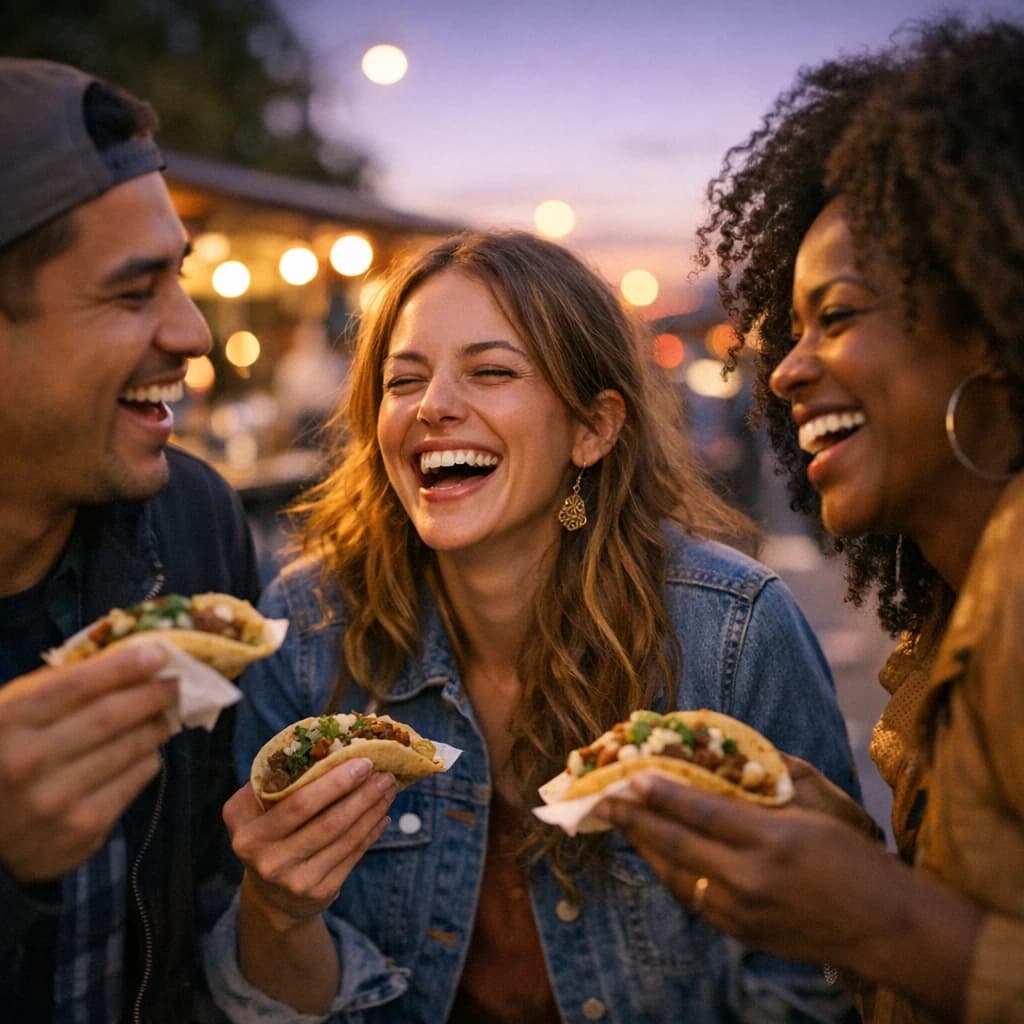 Friends laugh over street tacos at dusk, candid, shallow depth.