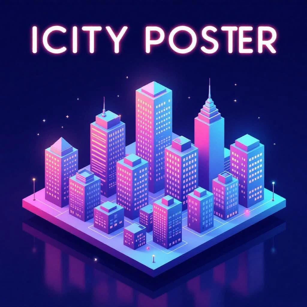 Render an isometric city poster with geometric buildings, neon gradients, gloss highlights, soft AO shadows, clean sans-serif lettering, grid layout, reflections a bit overexposed.