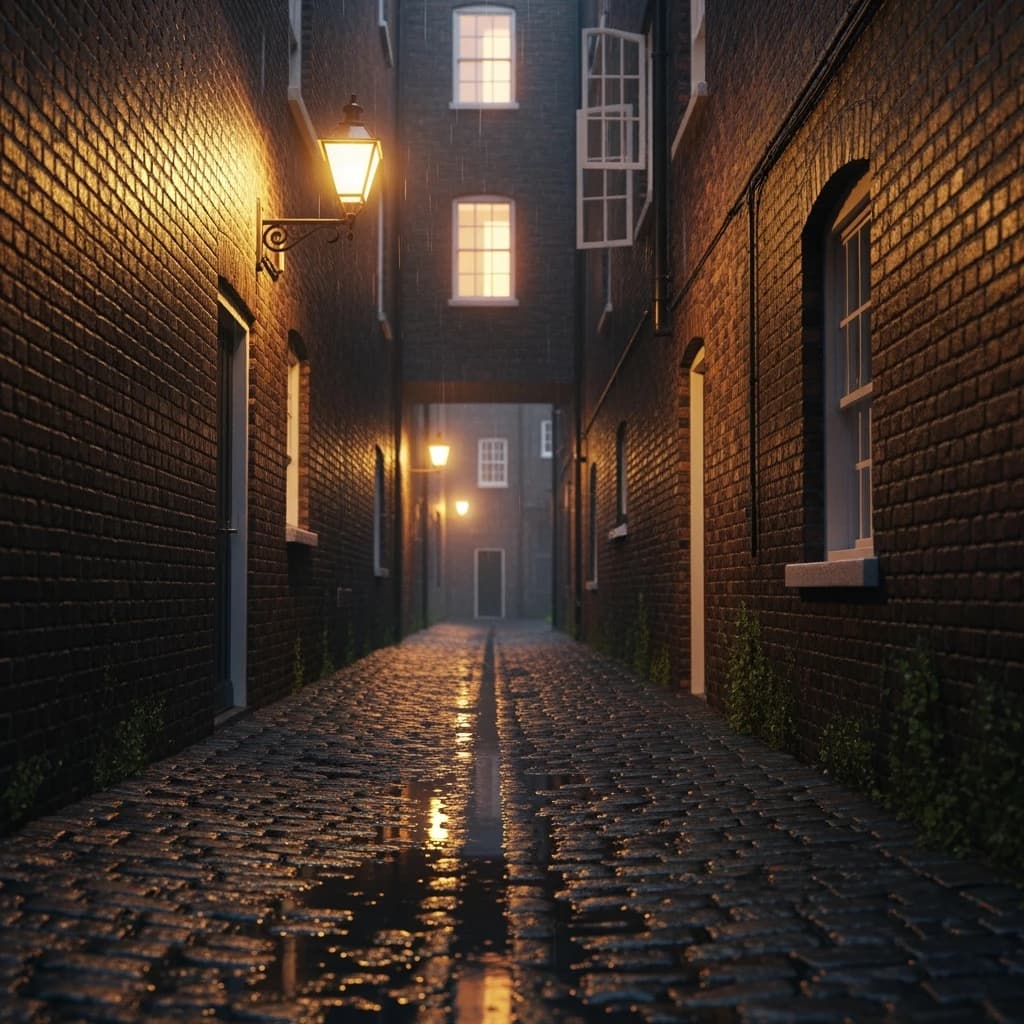 Show a narrow brick alley with wet cobblestones.