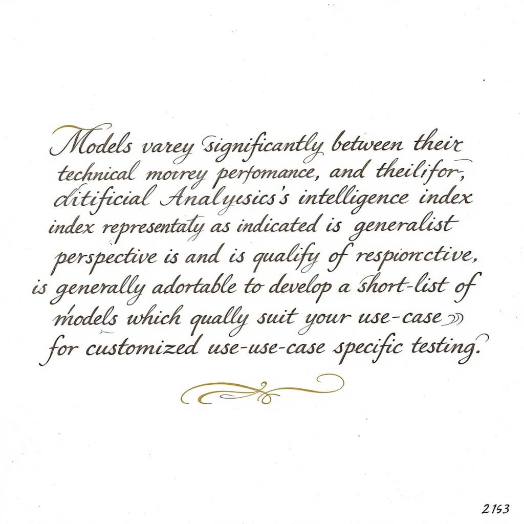 On a flat layout, write in an ornate baroque style "Models vary significantly between their technical performance, features and their quality. Artificial Analysis's intelligence index represents a generalist perspective and is useful as an indicator of the quality of responses. It is generally advisable to develop a short-list of models which best suit your use-case for customized use-case specific testing. "