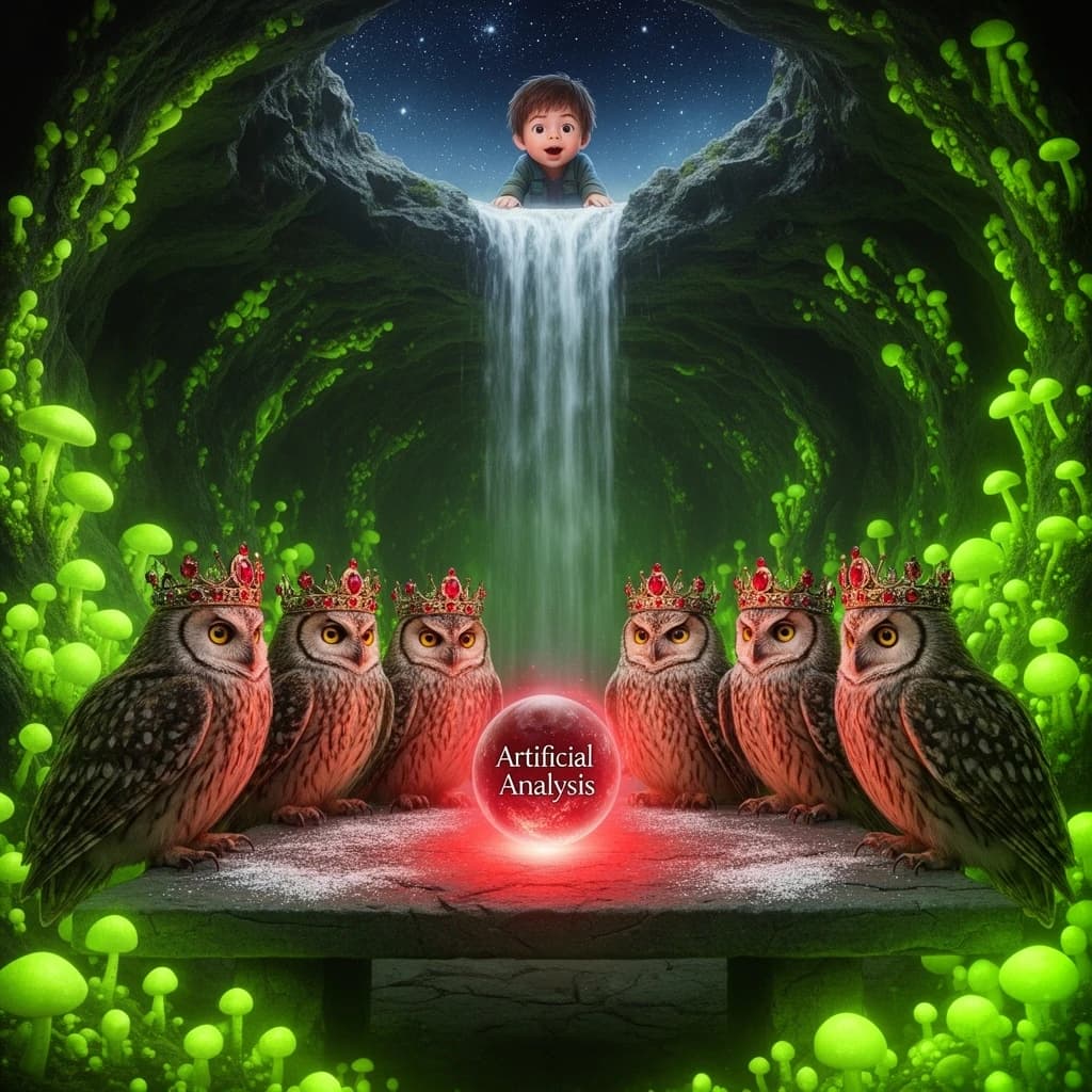 In a cavern lined with bioluminescent fungi glowing lime green, the council of owls wear jeweled crowns that glimmer with rubies, their wings folded behind their backs. Dust coats the stone table, a glowing orb inscribed with “Artificial Analysis” hovers above the table illuminating the owls with its red pulsating light. Behind them, a waterfall falls upward into a ceiling that opens onto stars - a child looks down in wonder from above at what he has stumbled across.