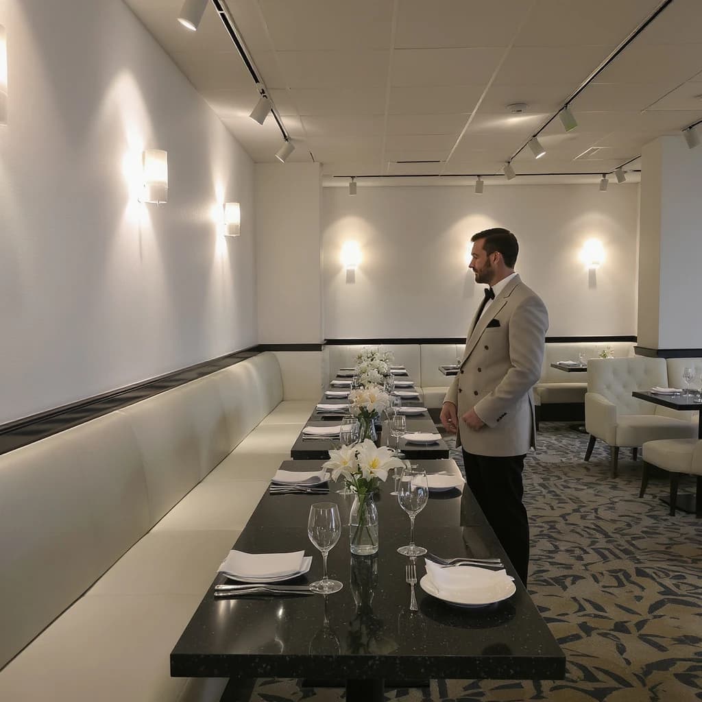 The place is almost empty. The banquettes are covered in white leather, the tables black granite, and the entire room is bathed in halogen track lighting that seems too bright. The maître d’ wears a double-breasted wool crepe jacket. There are lilies on every table.