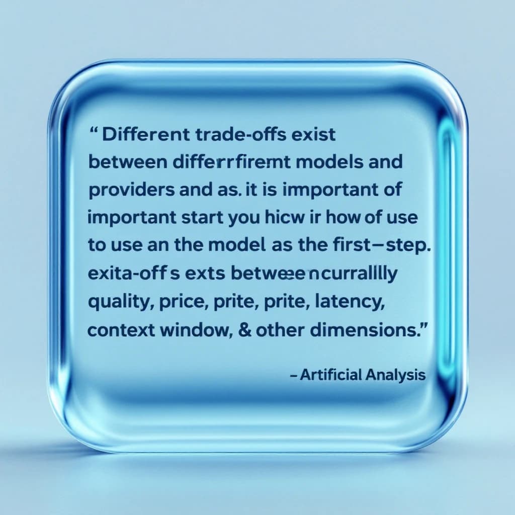 In a clear transparent blue glassy rounded box, etch "Different trade offs exist between different models and providers and as such, it is important to start with how you intend to use the model as the first step. Trade-offs exist currently between model quality, price, output speed, latency, context window & other dimensions. " in sans serif medium weight text. Artificial Analysis is watermarked over the top right 