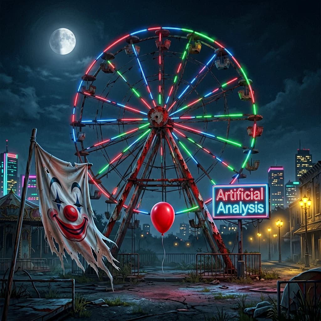 A deserted amusement park glows faintly under a half-moon. The ferris wheel is rusting yet strung with fresh, blinking LED lights. A torn clown banner flaps in a windless air. A lone balloon floats upward, tethered to nothing, while in the far distance city lights flicker on - some neon, some gas lamps as though from another century. 'Artificial Analysis' glows in neon