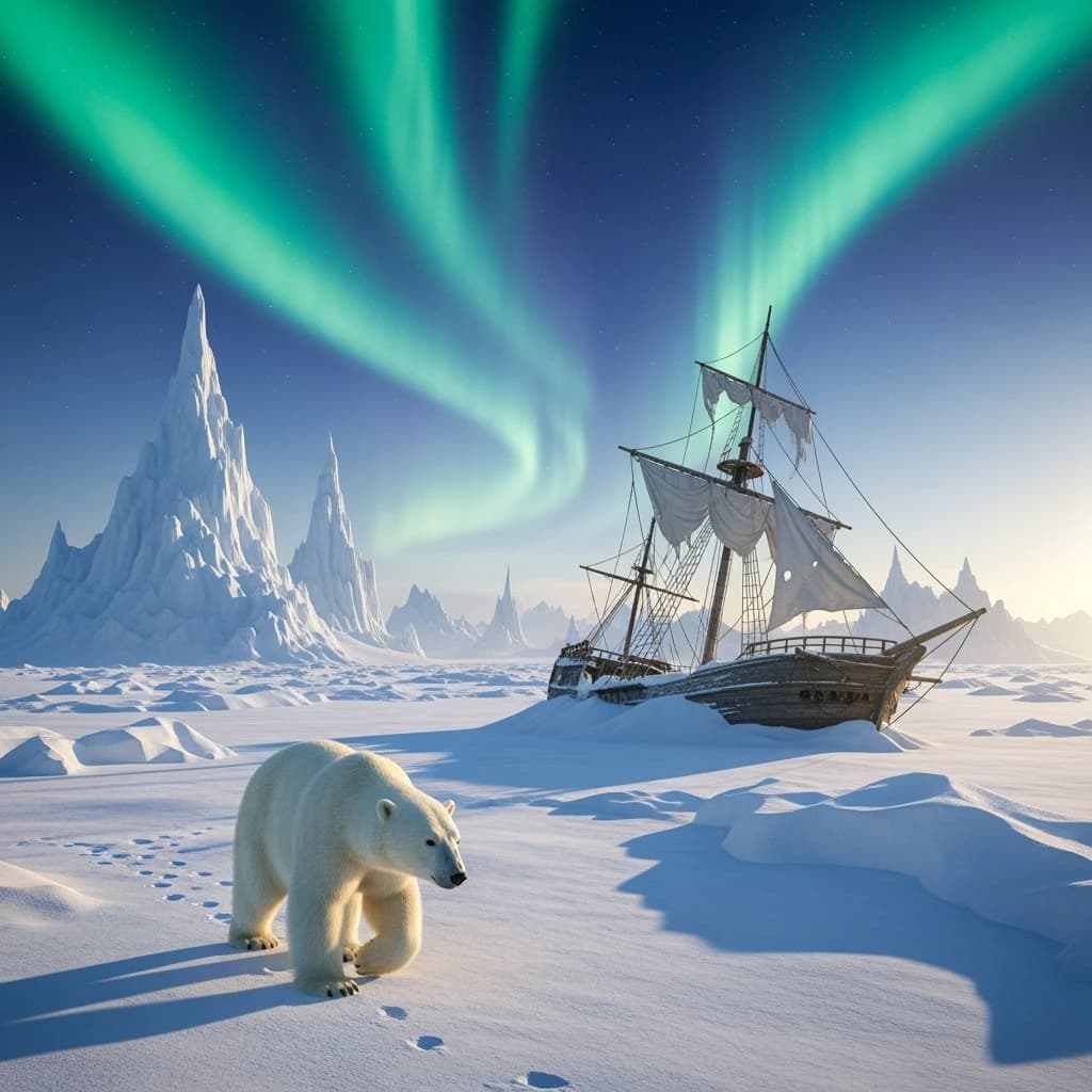 An endless tundra stretches outward, littered with jagged icebergs shaped like cathedral spires. A polar bear trudges across the foreground but leaves no tracks. Auroras ripple overhead. A half-buried shipwreck juts from the snow — sails billowing despite the still air.