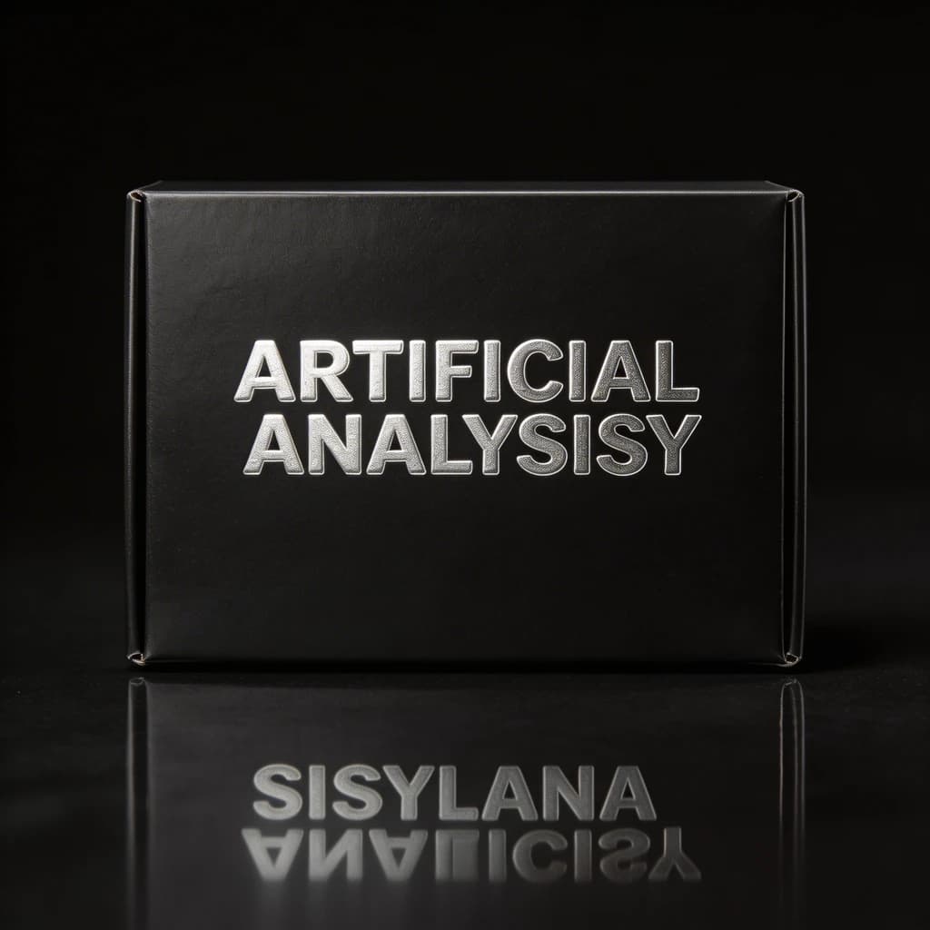 On the black box, silver foil embossing, centered: "Artificial Analysis" in Comic Sans Small Caps, perfectly justified. The letters are crisp, but the “Y” is duplicated faintly, ghosting right. On the box’s reflection, the word order is inverted: ARTIFICIAL ANALYSIS.