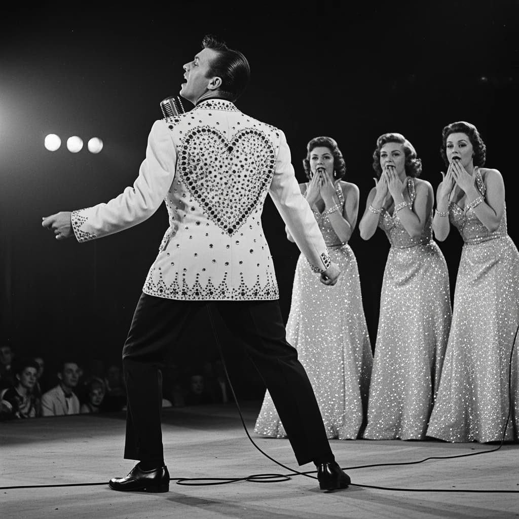 An archival image from 1953 of the rock singer swinging his hips on the stage while glamorous back up singers feign shock at his gyrations! He wears a diamond encrusted jacket with the stones arranged in the shape of a heart