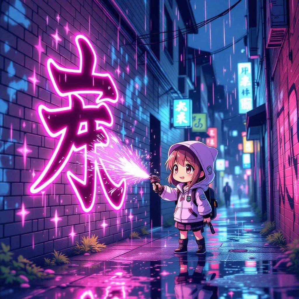 Chibi artist sprays huge neon kanji on a rainy alley wall, with sparkles.