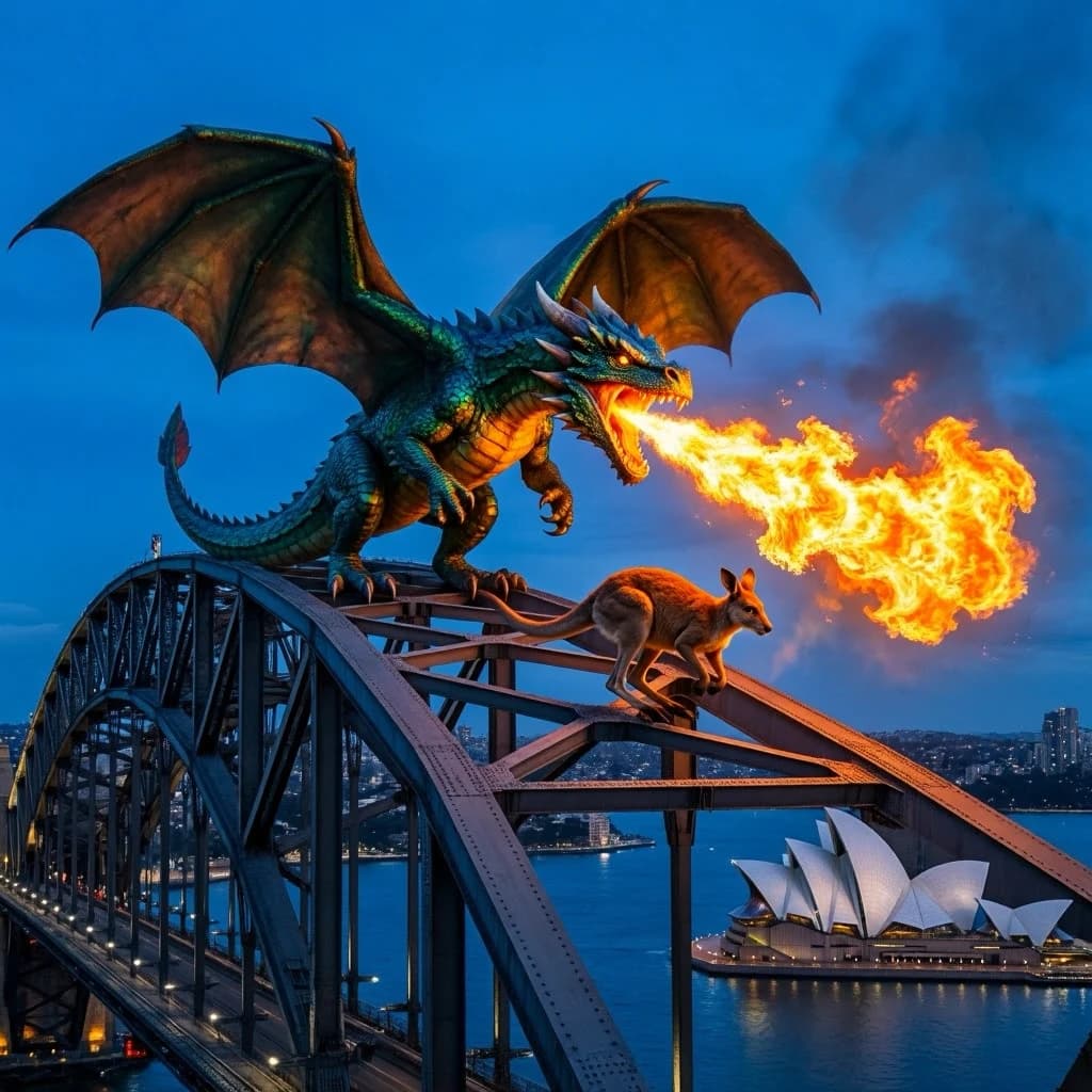 A dragon breathes fire at a kangaroo that is running away by climbing over the top of the Sydney Harbour Bridge. Opera House visible in the background.
