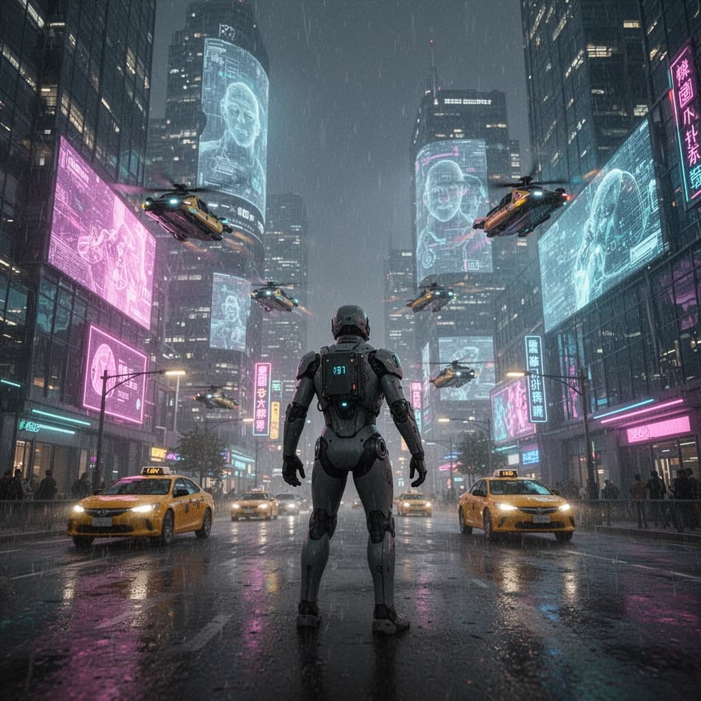 Rain-soaked neon megacity at night, flying taxis weave between glass towers, giant holograms flicker; a lone courier in a matte exosuit, somewhat cinematic wide angle.