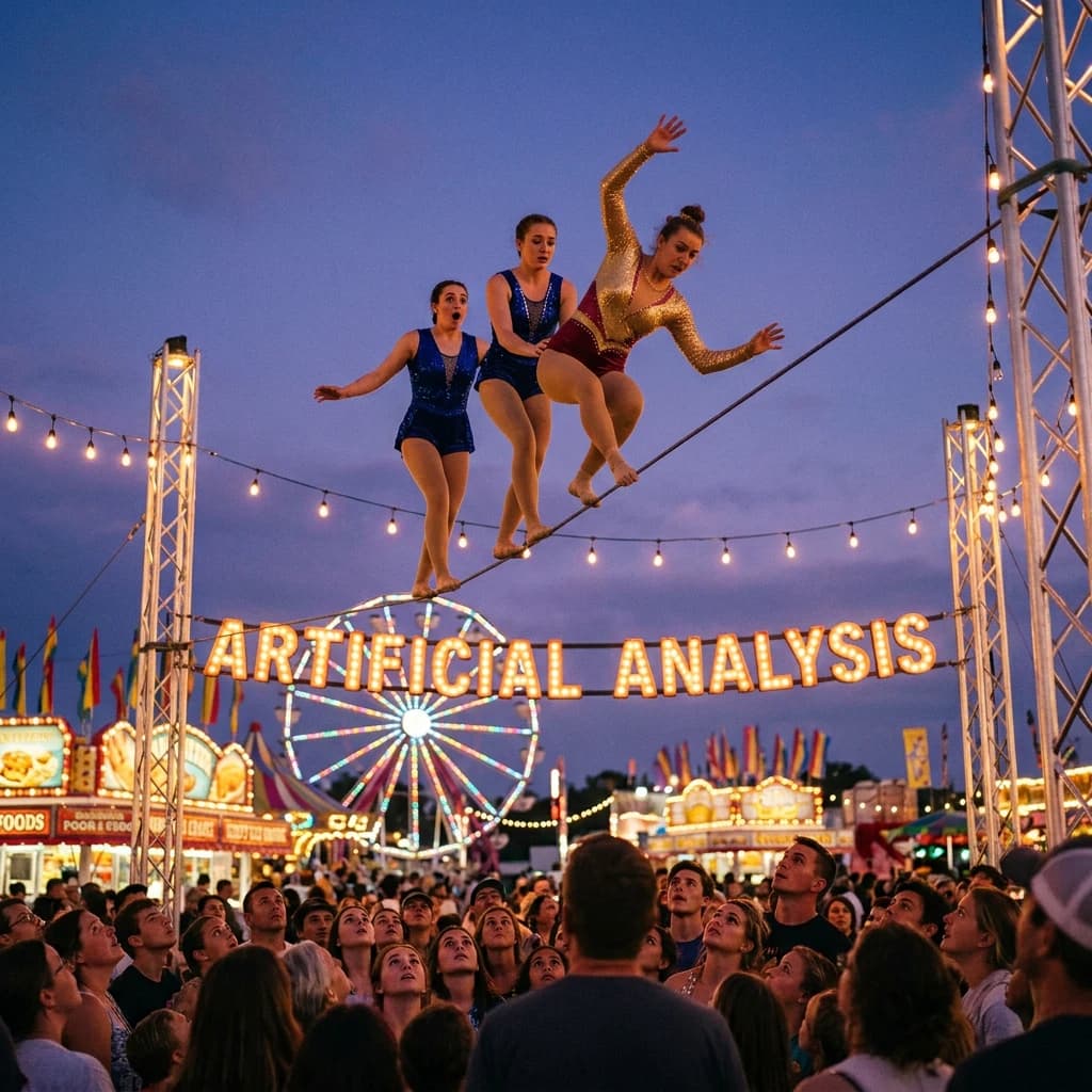 At dusk, high above a carnival crowd, three tightrope walkers balance on a single rope with no aids, one is off balance and grabbing at air. Below, the audience looks upward with baited anticipation. Artificial Analysis is spelled out in the background in carnival lights