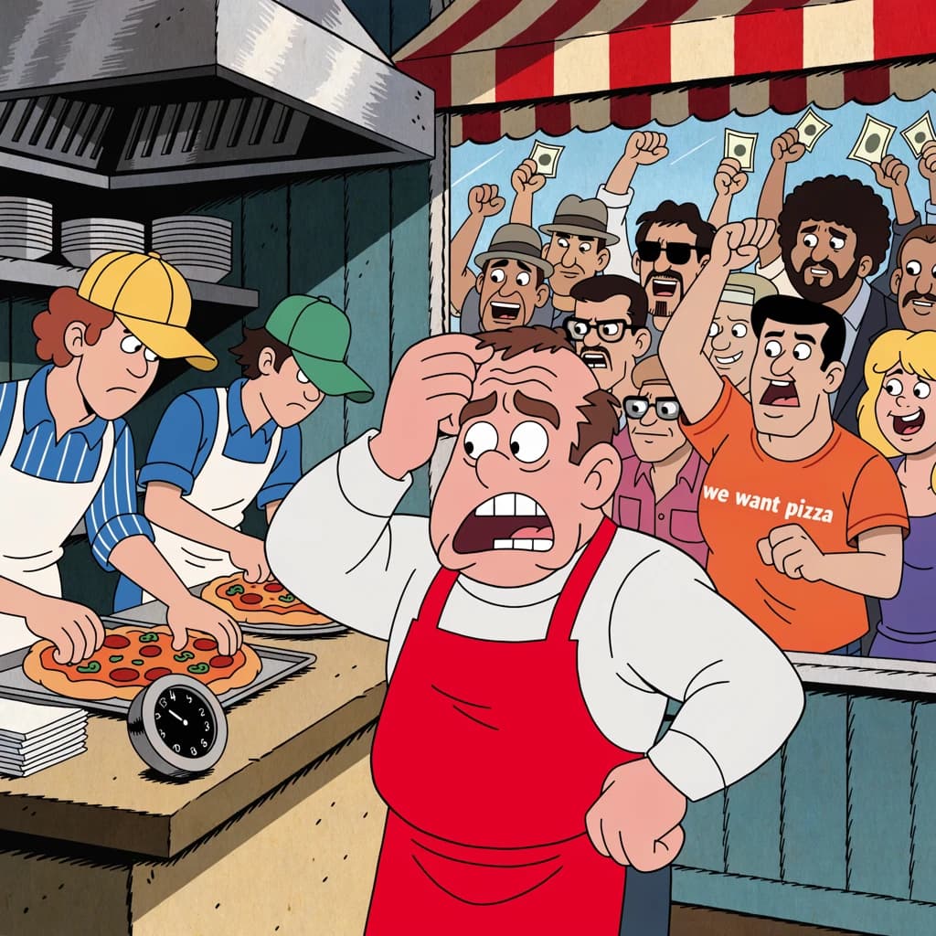 Pasquale is pulling his few remaining hairs out over a disaster at the pizzeria - the cooks are working as fast as they can but the crowds outside are swelling and they demand hot hot pizza! They are banging on the glass and some are wearing "we want pizza" shirts. 1980s western TV animation style.