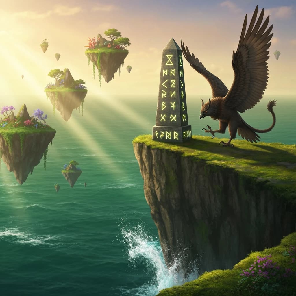 At dawn, a winged griffin lands on a mossy cliff above a jade sea beside a runed obelisk; floating isles drift under golden sunbeams, with a bit of sea spray and glowing runes.