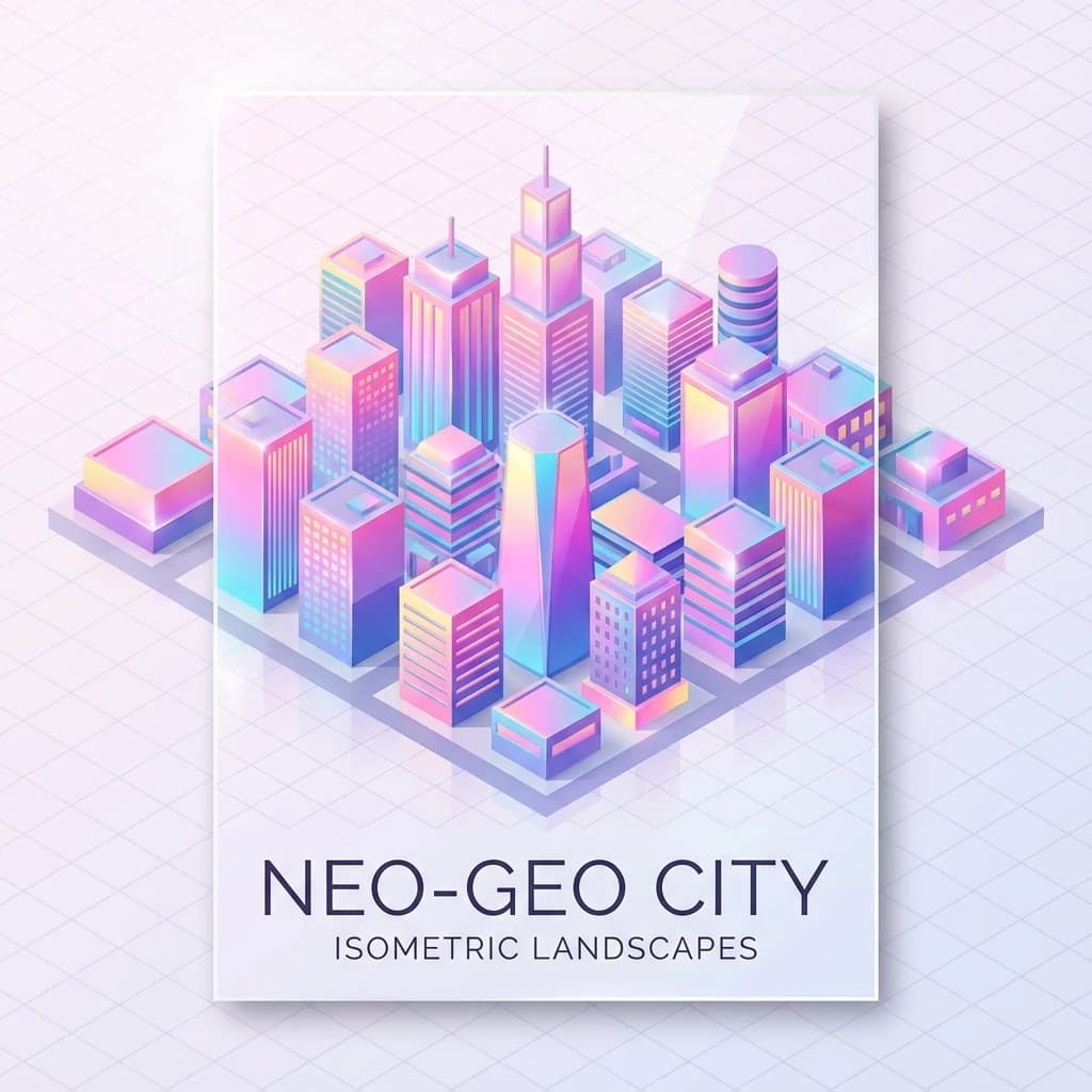 Render an isometric city poster with geometric buildings, neon gradients, gloss highlights, soft AO shadows, clean sans-serif lettering, grid layout, reflections a bit overexposed.