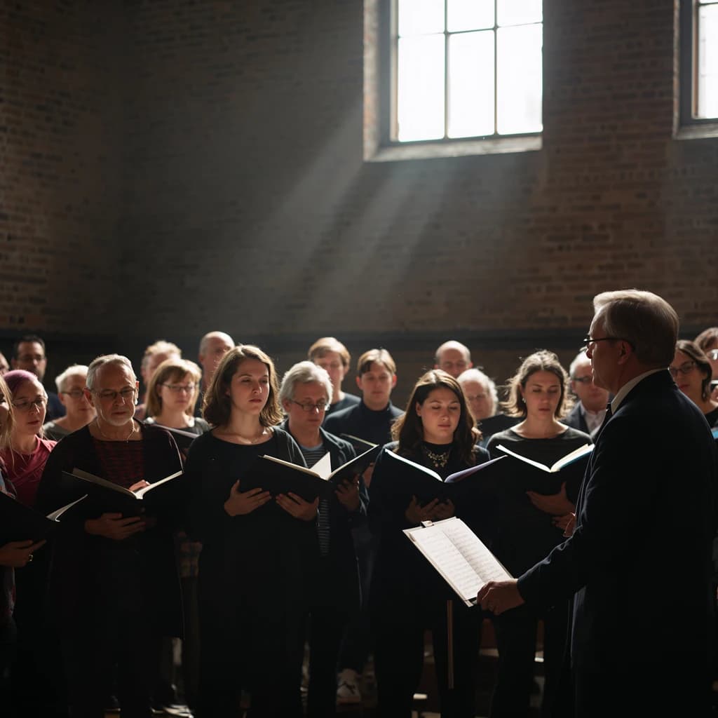 A choir rehearses in a brick hall as somewhat dramatic morning light falls through high windows, with a patient conductor mid-gesture, open scores, intent faces, slight motion blur.