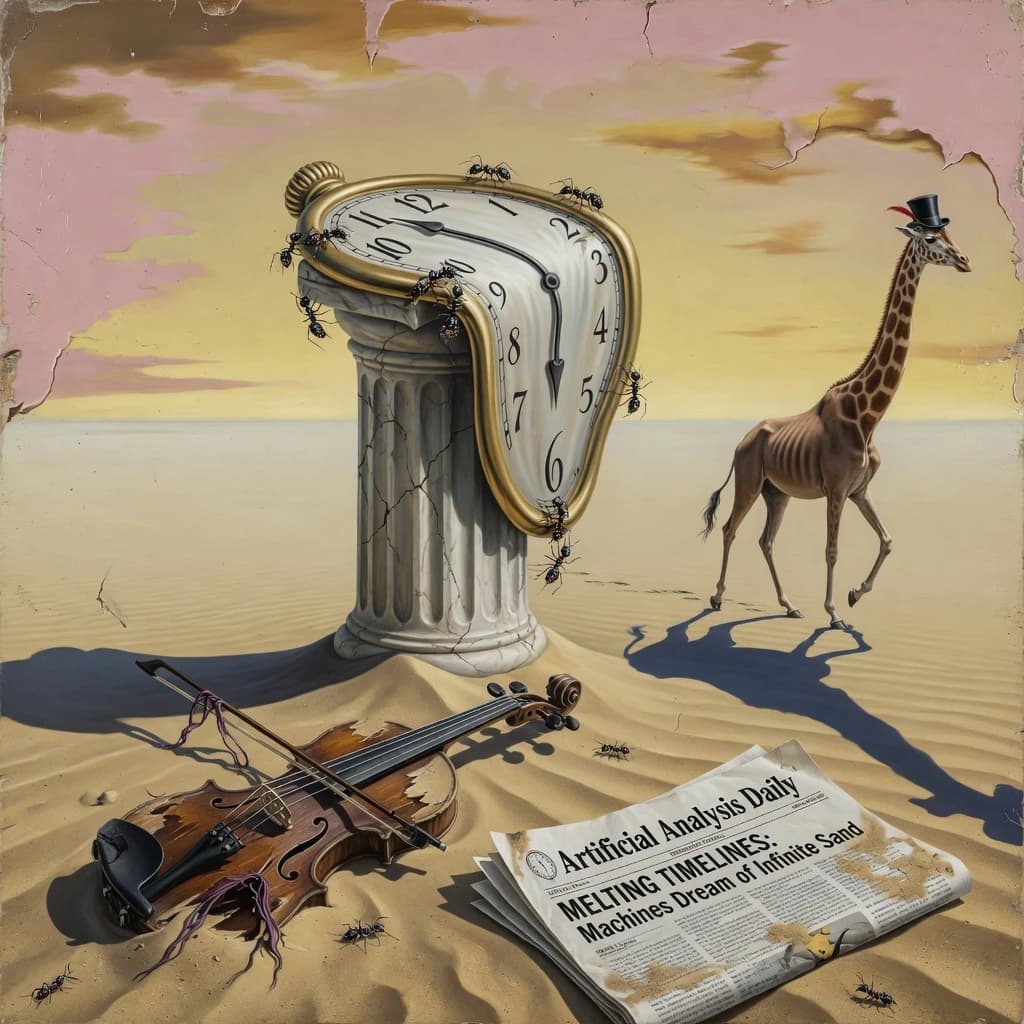 A vast desert plain stretches endlessly under a sky streaked with pale pink and ochre clouds. In the center stands a colossal clock, its face drooping and melting over the edge of a broken marble column. Ants swarm across its warped surface, glinting in the harsh sunlight. To the right, a horse with a giraffe like neck wearing a top hat strides toward the horizon, its shadow stretching miles across the sand. A cracked violin lies half-buried in the foreground, strings snapping outward like veins. Painted in the dreamlike surrealist style. A newspaper named the "Artificial Analysis Daily" lies on the Floor.