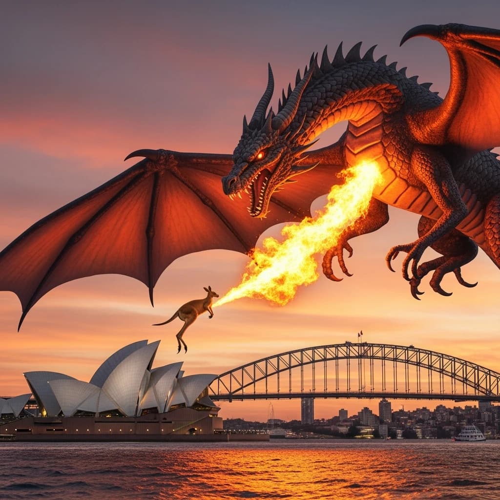 A dragon breathes fire at a kangaroo that is running away by climbing over the top of the Sydney Harbour Bridge. Opera House visible in the background.