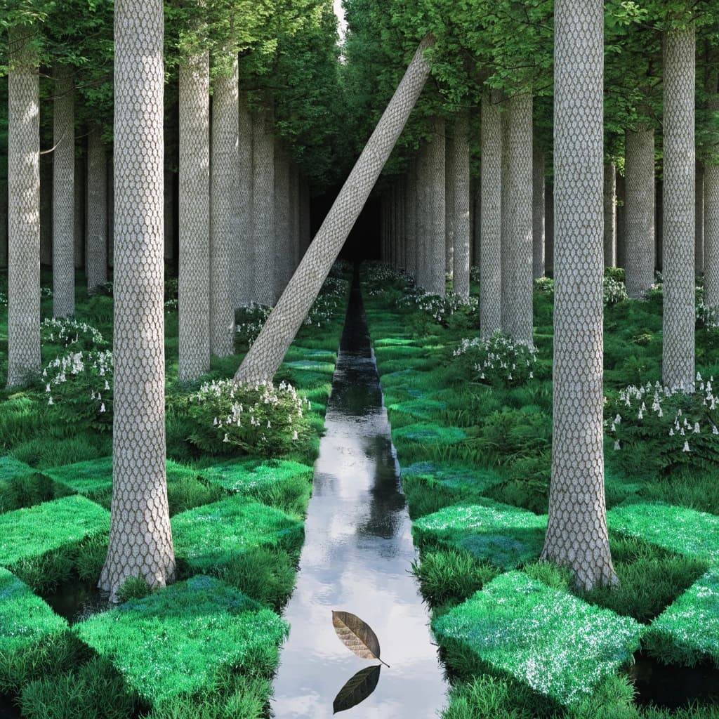 The forest is saturated green, trees identical in height and width, trunks straight, bark texture repeating. One trunk leans diagonally yet the branches remain vertical. The moss is emerald, glistening, though each patch forms identical diamond shapes. A stream runs straight, perfectly linear, water clear, reflecting clouds not visible in the sky. No animals, no insects, but one leaf floats on the water, doubled, showing two overlapping shadows.