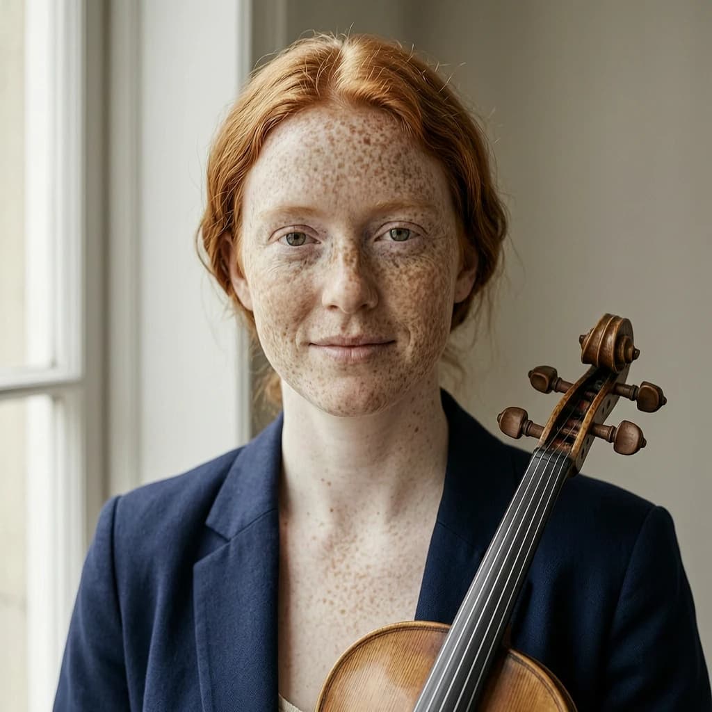 Capture a head-and-shoulders portrait of a freckled red-haired violinist in a navy blazer, soft window light, 85mm at f/1.8, gently smiling yet serious eyes, muted tones.