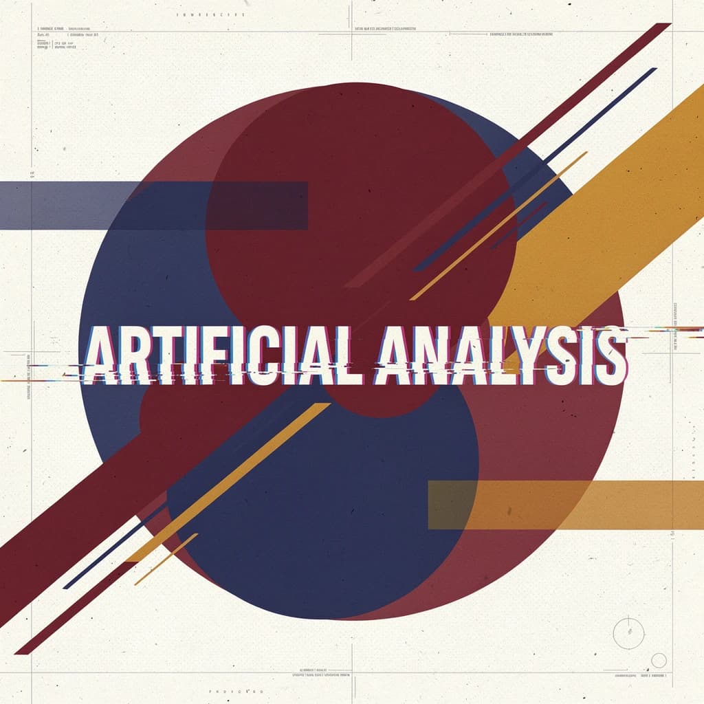 A bold poster composition dominated by flat geometric shapes in crimson, cobalt, and ochre. Overlapping circles and sharp diagonal lines create dynamic tension across the frame. A single sans-serif word — Artificial Analysis — stretches across the center in stark white, distorted slightly as though caught mid-glitch. The background is textured with halftone dots and faint grid lines, while subtle overlays of translucent rectangles suggest depth. Designed in the spirit of modernist Swiss typography fused with digital glitch aesthetics.