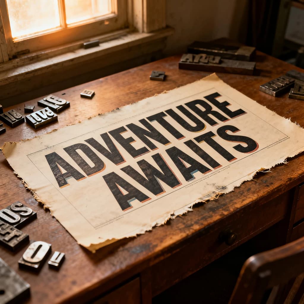 A vintage letterpress poster on a wooden desk: bold slab serif headline, tight kerning, misregistered ink, slightly worn edges, scattered metal type, soft window light.