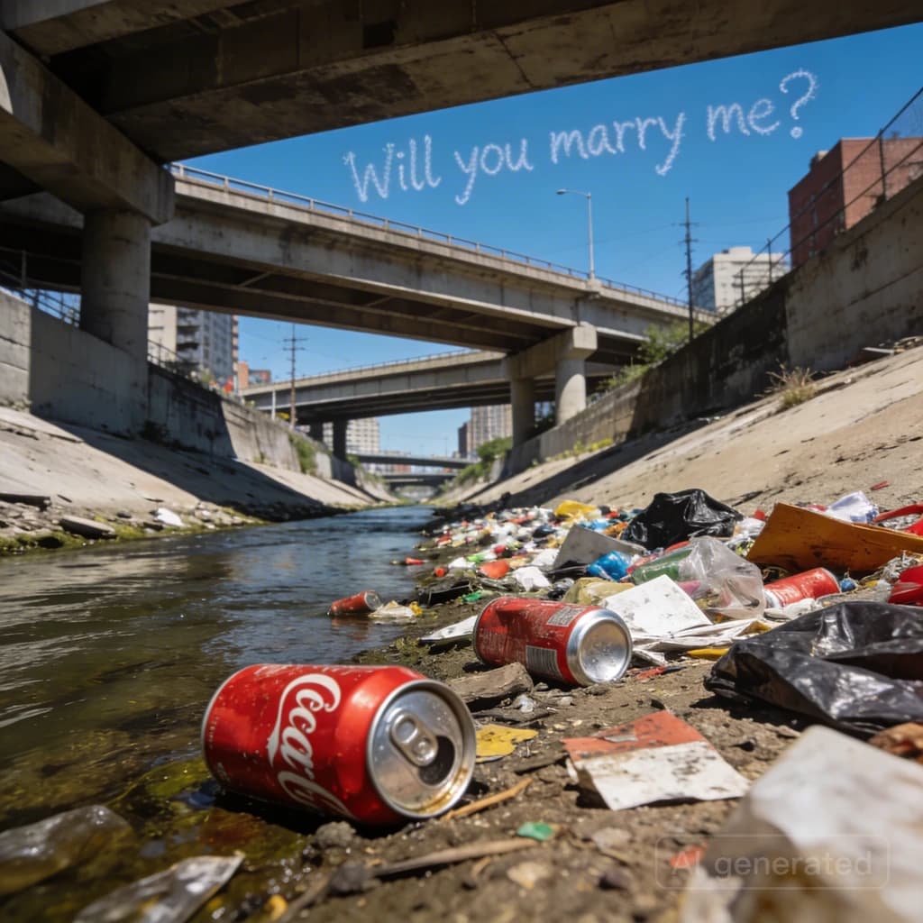 Red soda cans and other garbage sit strewn across the bank of an urban river only a few metres wide. Concrete overpasses criss cross overhead on a bright and sunny day. Fading skywriting proposes marriage