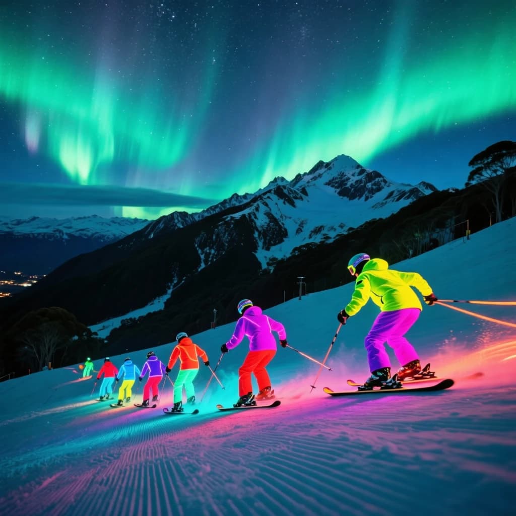 Coronet Peak Night Skiing: Skiers in colorful LED suits carve their way down the slopes of New Zealand's Coronet Peak under the Aurora Borealis, the skiers' light trails visible behind them