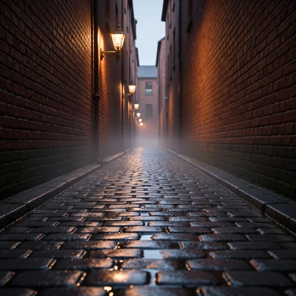 Show a narrow brick alley with wet cobblestones.